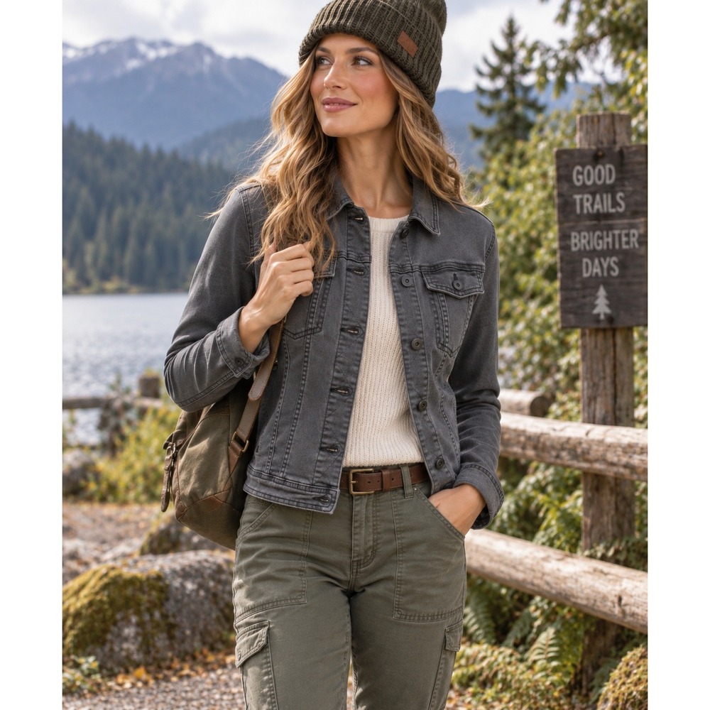 prAna Women's Abbot Button Up Trucker Jacket Charcoal Gray Denim Size S Utility